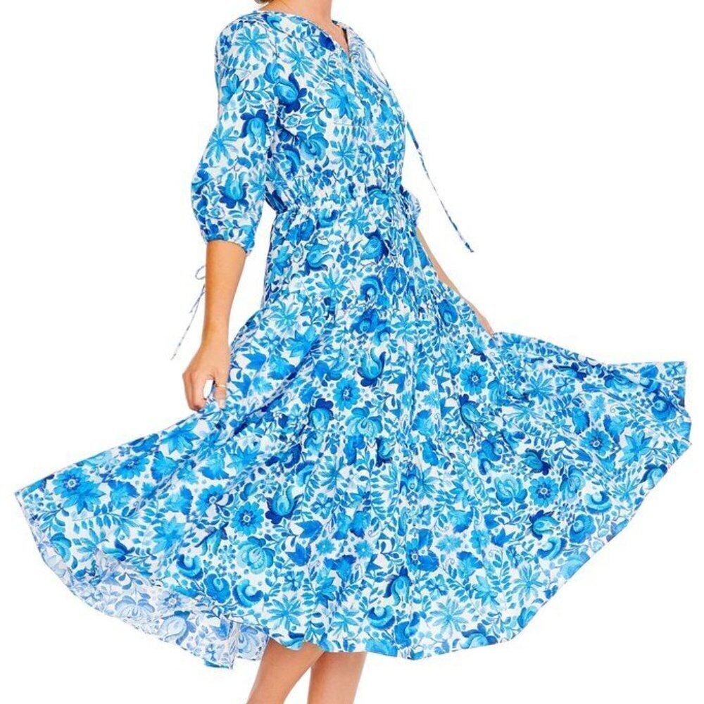 MDS Stripes Blue Floral Midi Dress 3/4 Sleeve V-Neck Keyhole Tie Front Cotton